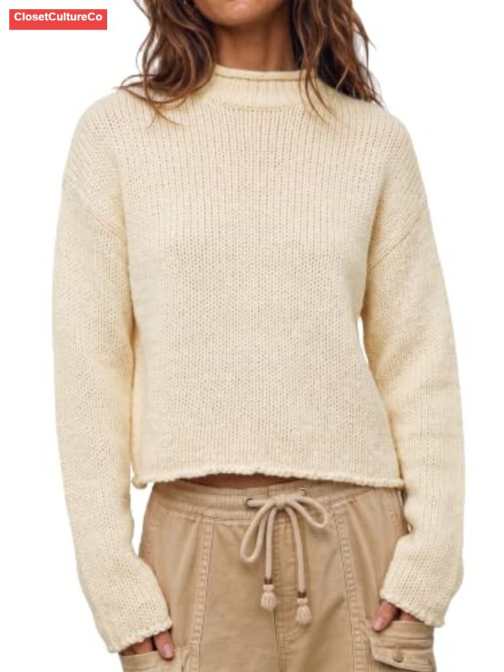 Striped Chunky Knit Cropped Pullover Sweater Mock Neck Long Sleeve